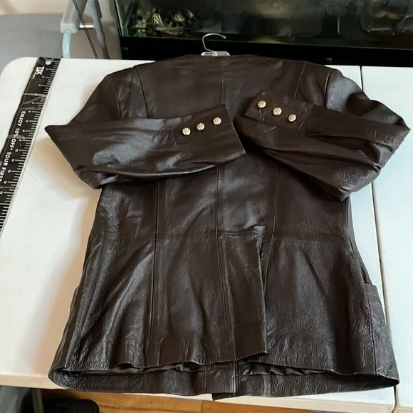 Spiegal size 14 brown leather jacket gold buttons pockets - Picture 3 of 12